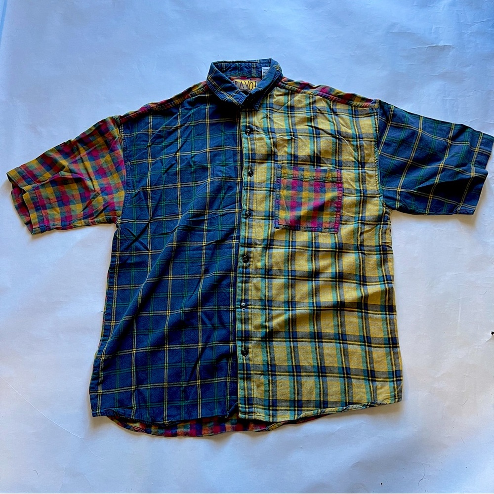 90s grunge color block plaid button down